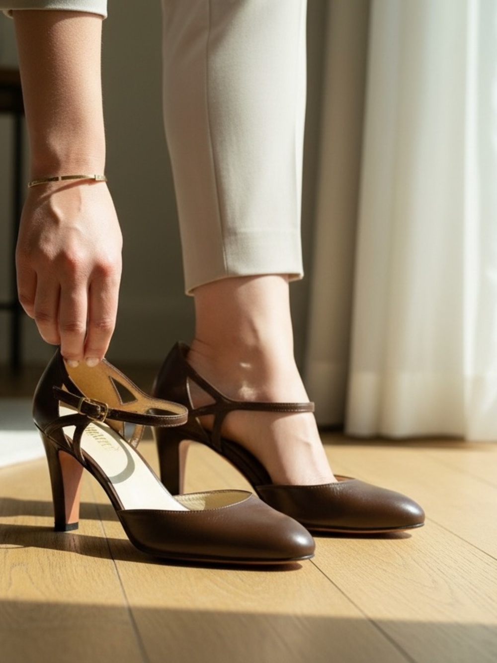 Brown Leather Ankle-Strap Pumps